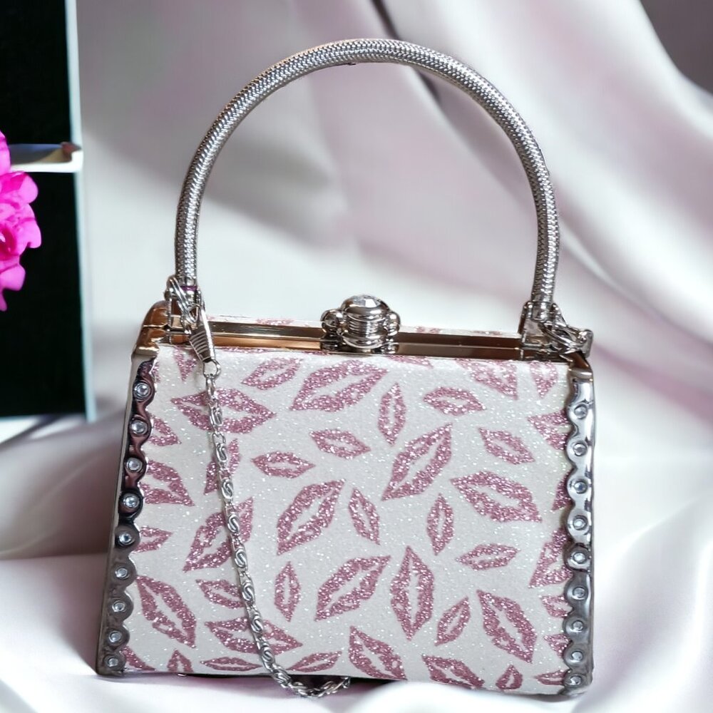 Pink Crystal Lips Two Way Evening Mini Hand Bag Crossbody